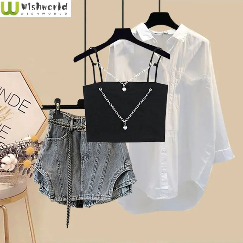 Summer Set Womens Korean Fashion Casual Shirt Spicy Girl Tank Top Slimming Jeans Skirt Three Piece 250827