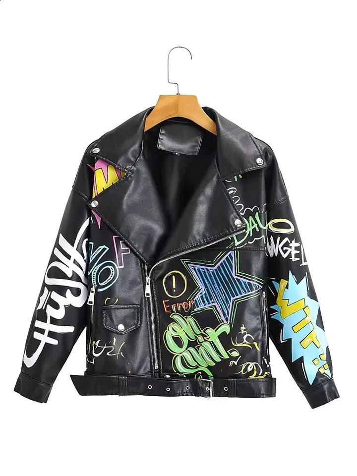 Fashion Coat PU Leather Jacket Women Colorful Print Graffiti Soft Punk Coats Slim Locomotive Cropped Top 250827