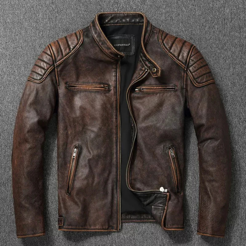 Vintage Black Brown Real Cowhide Genuine Leather Jacket Fur Mens Bomber Men Motorcycle Coat 250827
