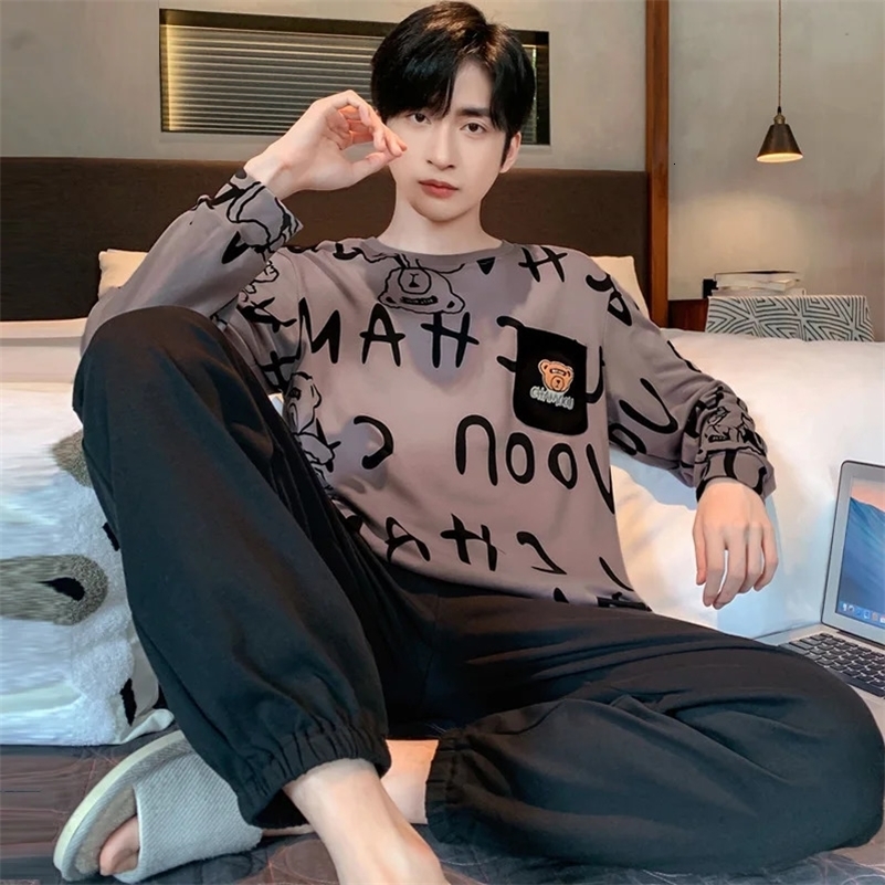 Two Piece Plus Size Men Pajamas Long Sleeve Loose Breathable Cartoon Bear Striped Letters Black Crew Neck Loungewear Set pj250827