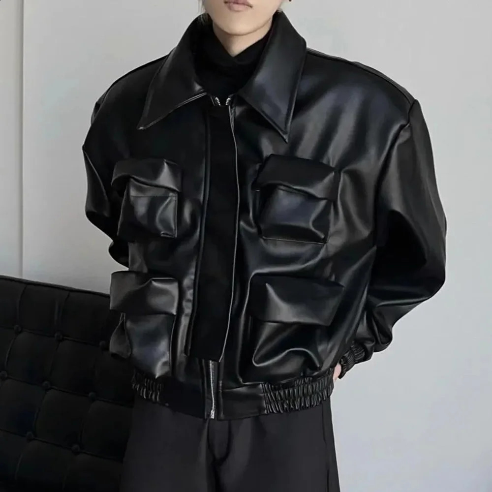 Y2K Mens PU Leather Jacket Pocket Motorcycle Coat Spring Casual Gothic High Street Dark Silhouette Top Wear Unisex 250827