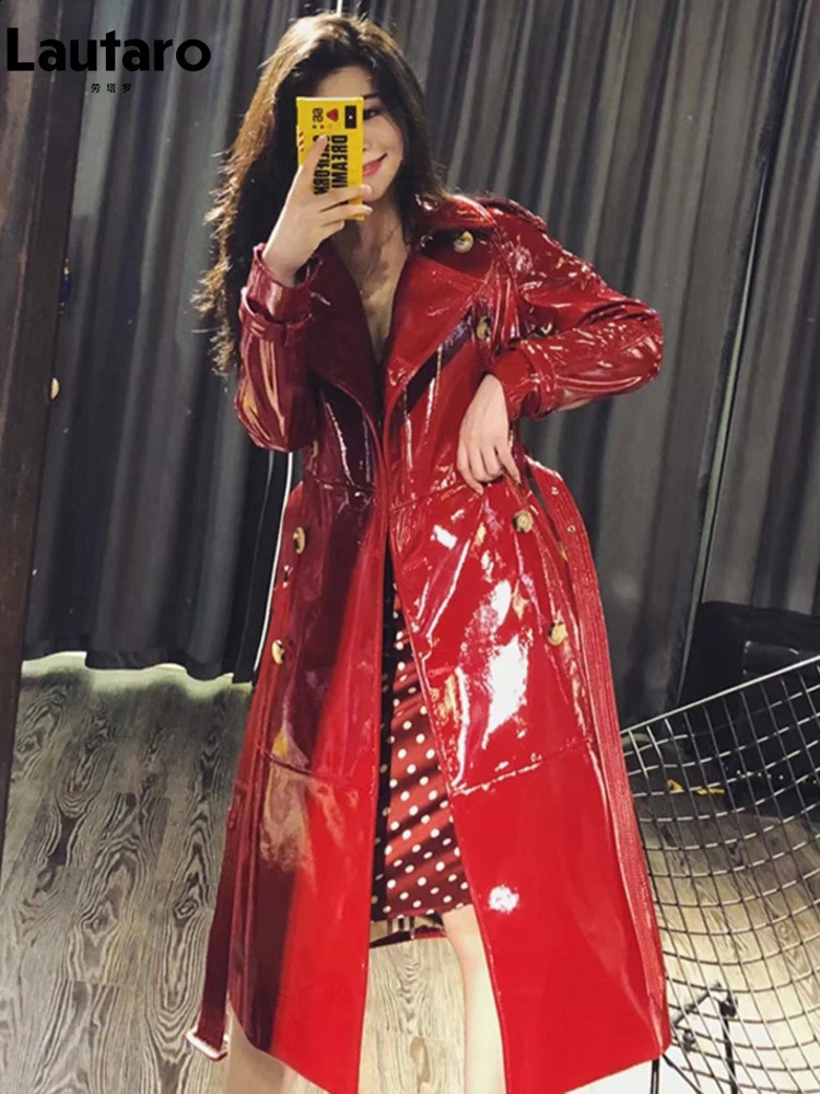 Lautaro Autumn Long Shiny Reflective Patent Faux Leather Trench Coat for Women Sashes Double Breasted Runway European Fashion 250826