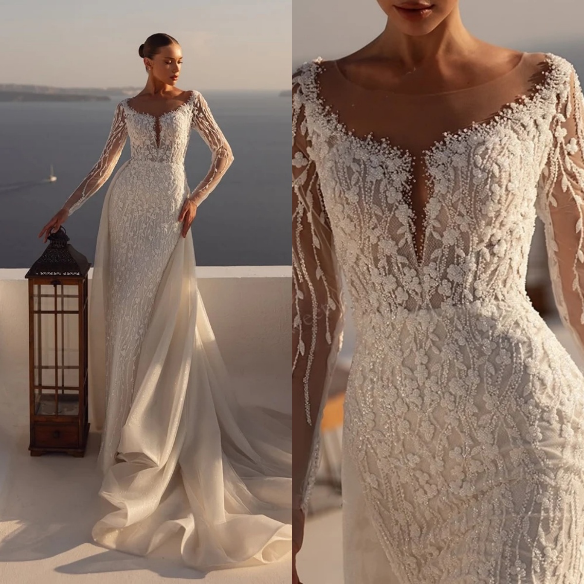 Vintage Mermaid Wedding Dress Sheer Neck Long Sleeves Backless Bridal Gowns Sequins Lace Detachable Train Dresses Custom Made vestidos de novia