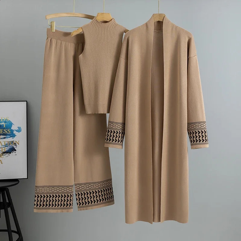 Casual Knitted Threepiece Sets Temperament Cardigan Sweater Vest Wide Leg Pants For Women Spring 250827
