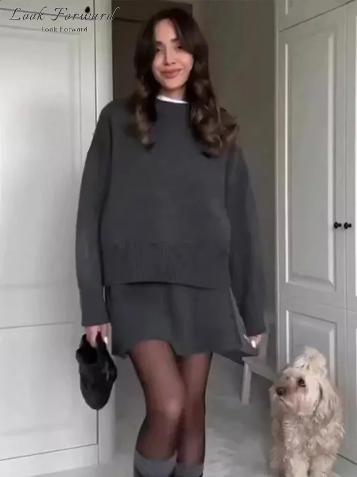 Elegant Womens Sets Knitwear Autumn Winter Solid Oneck Pullover Long Sleeve Mini Skirts Set Woman Loose Casual Sweater Lady 250827