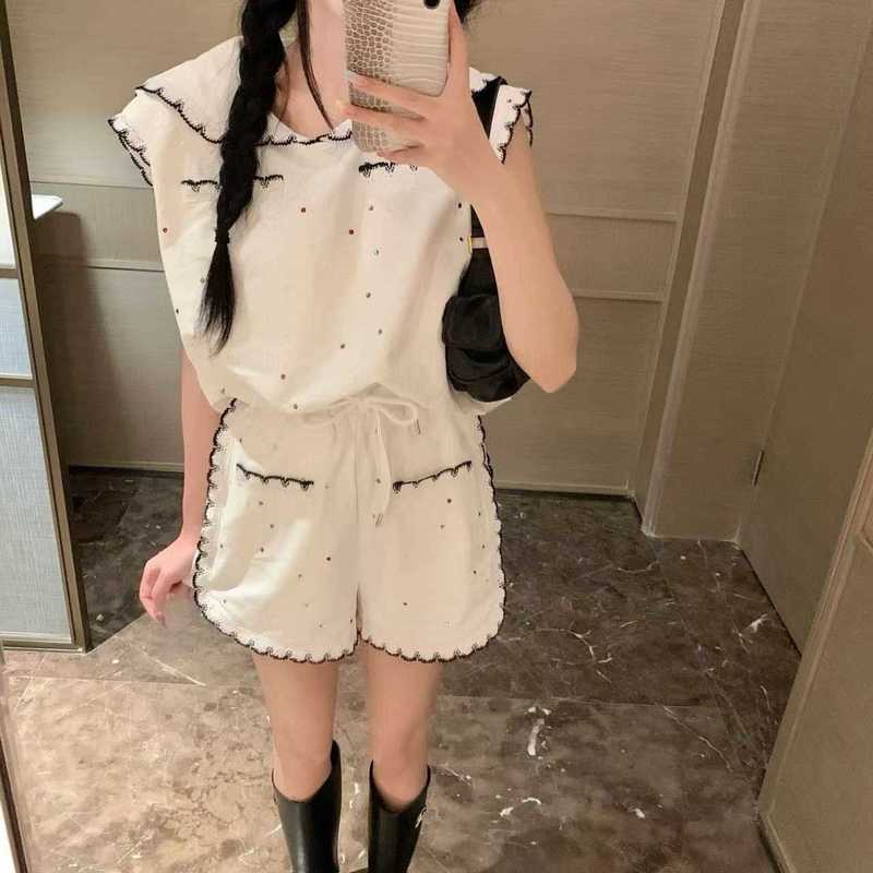 Women's Two Piece Pants designer 2025 Spring Summer New Navy Collar Lace Trim Rhinestone Vest Shorts Set UKFR