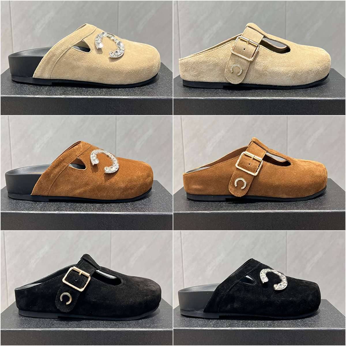 Crystal buckle designer clogs for women sandals luxury boston clogs platform mules womens slides sliders summer fall clog tan brown suede leather sa