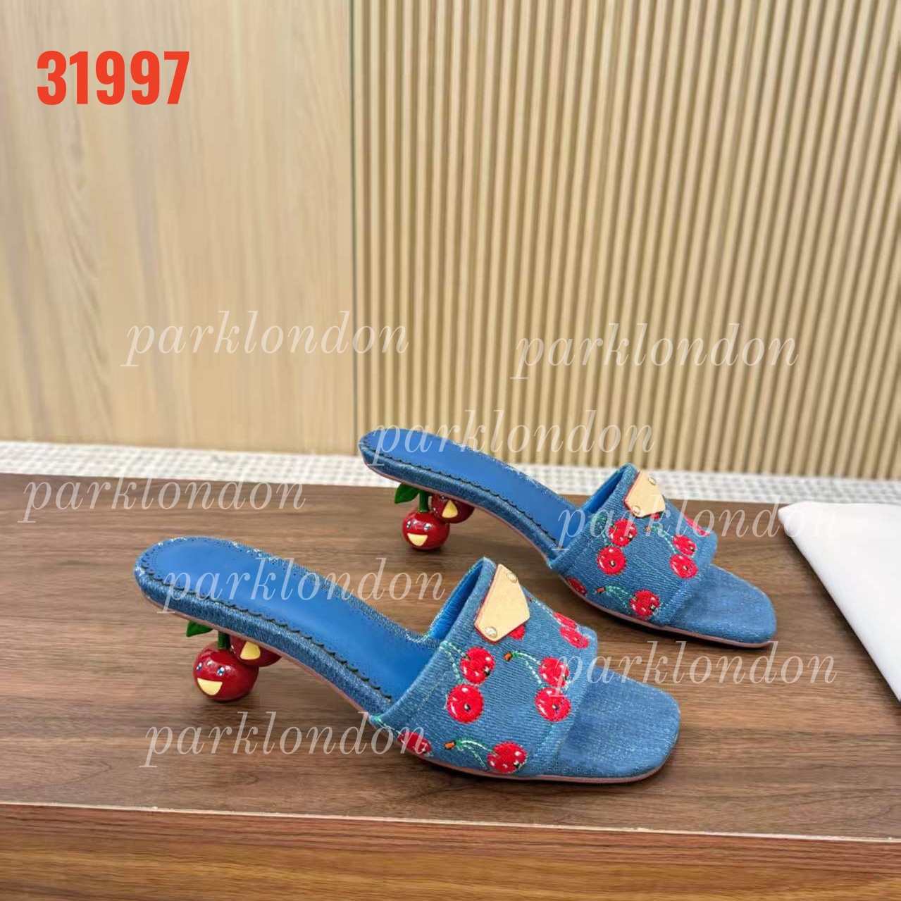 Sandales à glissière en denim imprimé cerise à talon moyen pour femmes - Chaussures décontractées et confortables 31997