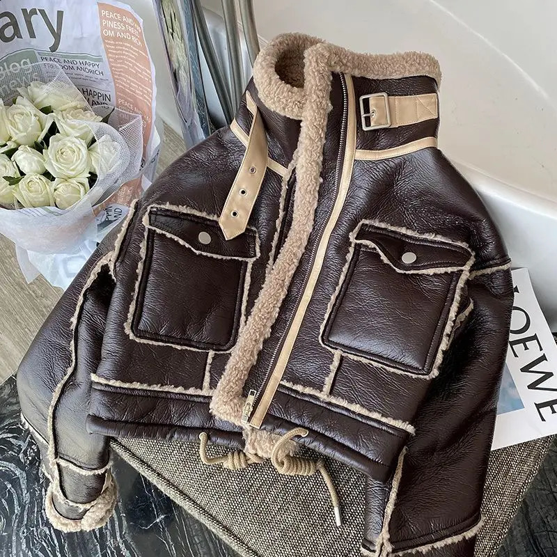Black Lambswool Jacket Winter Thickened Plus Velvet Motorcycle Faux Leather Stitching Coat PU Plush Cardigan Stand Collar Tops 250827