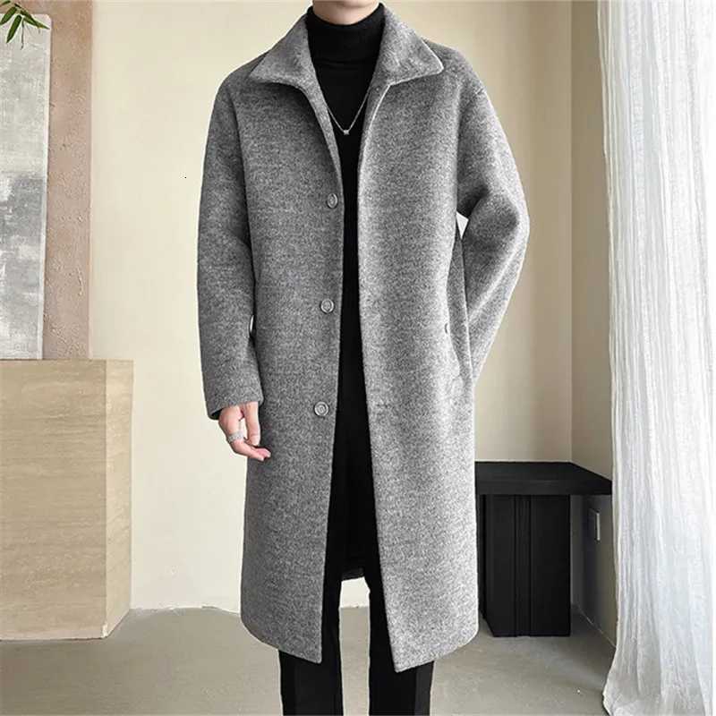 Autumn Winter Male Wool Blend Coats Fashion Long Business Casual Woolen Outwear Men Turn Down Collar Trench Coat Windbreaker ManXJ250827
