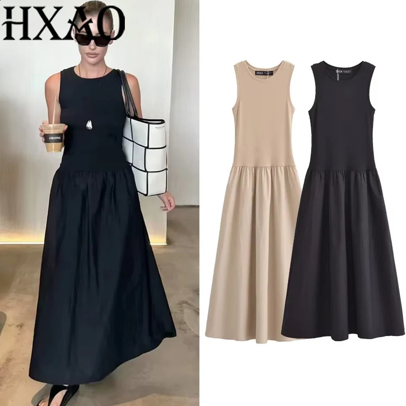 HXAO Womens Black Long Dresses Spring Sleeveless Elegant Fashion Casual Vintage Party Khaki Vestidos 250827