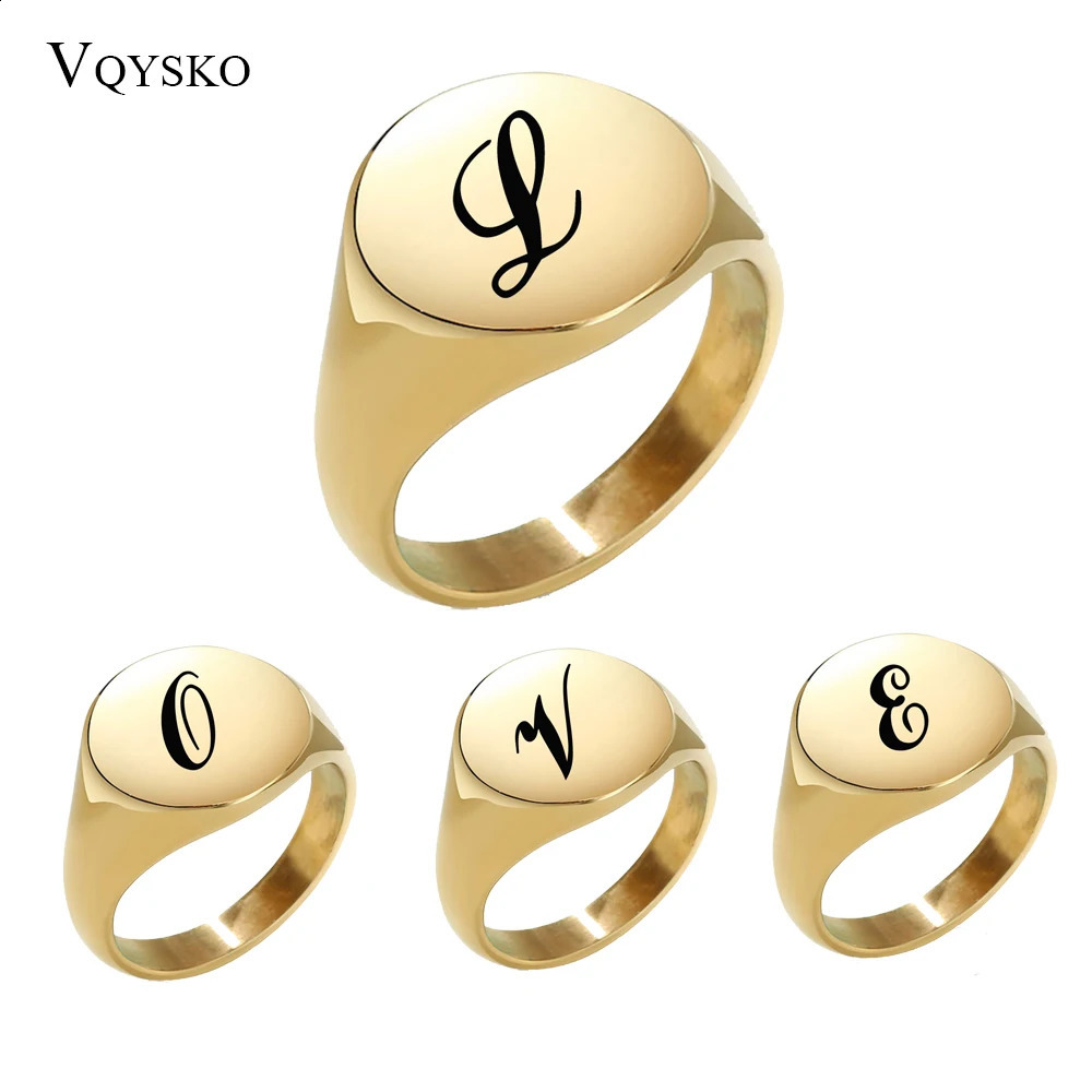 Stainless Steel Round Initial bet Ring Glossy Women Men Unisex Gold Color A-Z 26 Letter Finger Rings Jewelry Wholesale250821