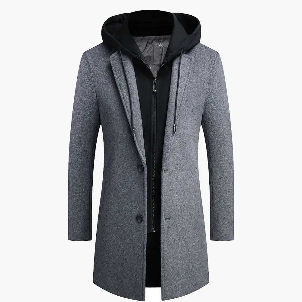 2024 New Men Wool Coat Casual Warm Winter Wool Coat Casual Woolen Coat Midlength with Detachable HatXJ250827