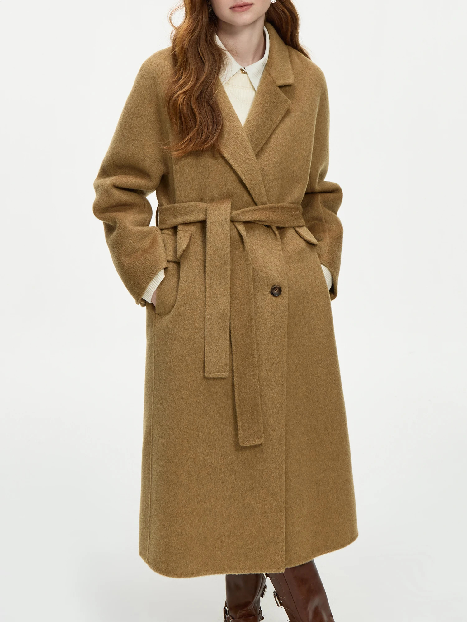 FSLE4 ColorsWomen 100% Wool Coats Long Temperament Brown Female Double Breasted Woolen Jackets With Sashes 24FS14228 250826