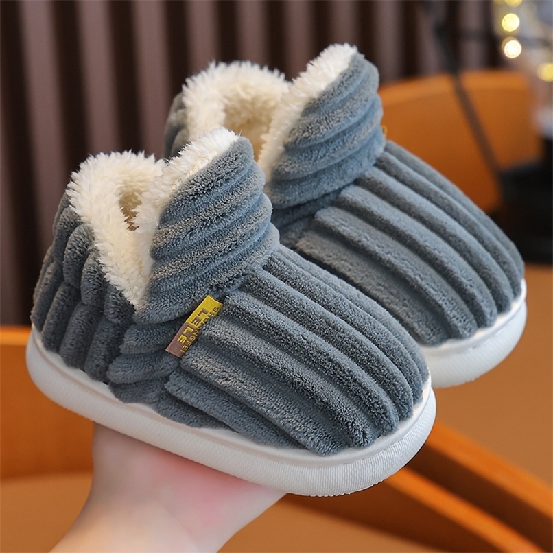 Winter Simplicity Stripe Plush Slippers Childrens Nonslip Soft Sole Kids Boys Girls Heel Wrap Warm High Home Cotton Shoes250826ww