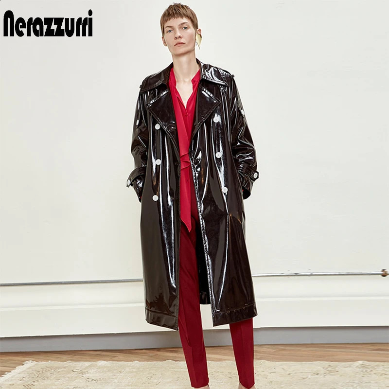 Nerazzurri Long waterproof black patent leather trench coat for women double breasted iridescent oversized 7xl 250827