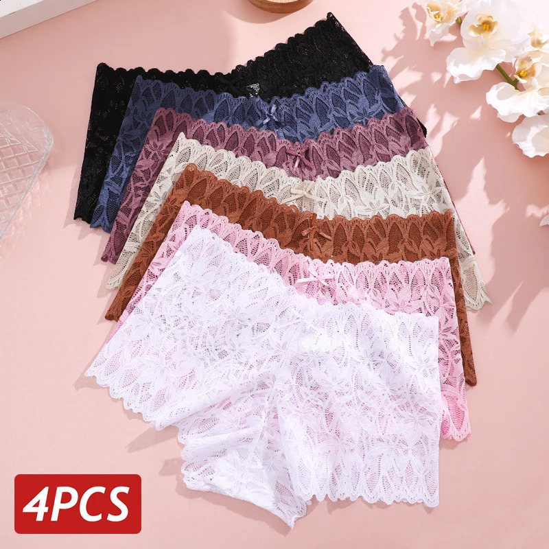 4PCS Women Floral Lace Panties Sexy Perspective Underwear V Waist Solid Color Underpants Female Breathable Intimates Lingerie250827