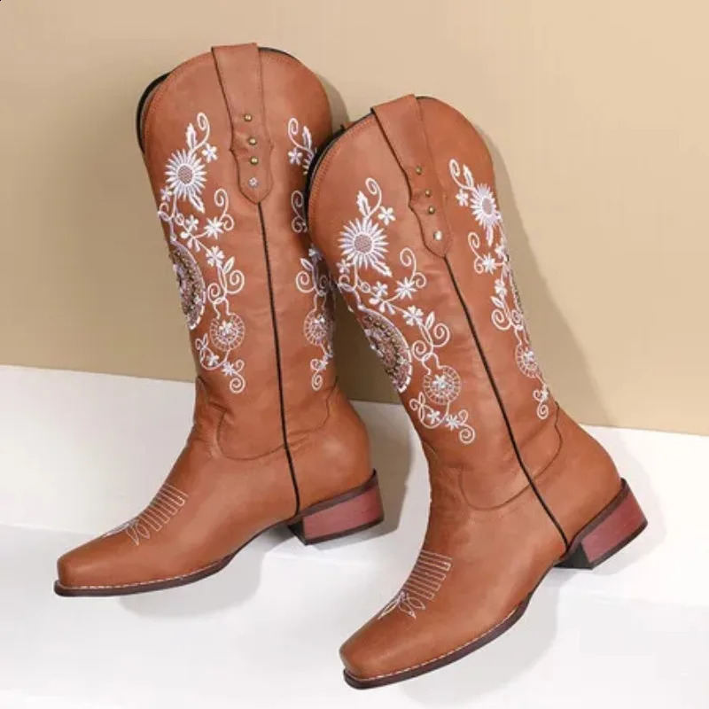 Flower Embroidery Ethnic Bohemian Style Square Chunky Med Heels Mid-calf Cowboy Shoes Women Winter Wide Calves Cowgirl Boots 250821