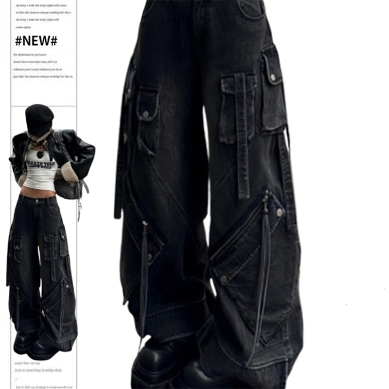 Womens Black Gothic Baggy Cargo Jeans Harajuku Oversize Denim Trousers Y2k 90s Vintage 2000s Emo Jean Pants Trashy Clothes 2024250826