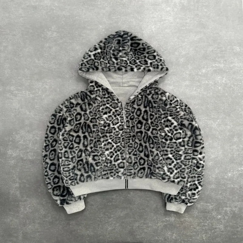 Twosided Clothing Harajuku Retro Leopard Print Fashionable Loose Zipper Hoodie Men Street Hiphop Casual Sweatshirt Women 250826