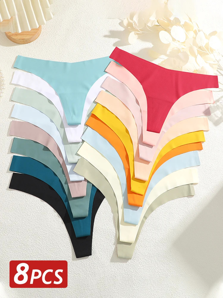 8PCS/Set Women Seamless Ice Silk Thongs Panties Female GString Breathable Underwear V Waist Sexy Lingerie Ultra Thin Bikini250827