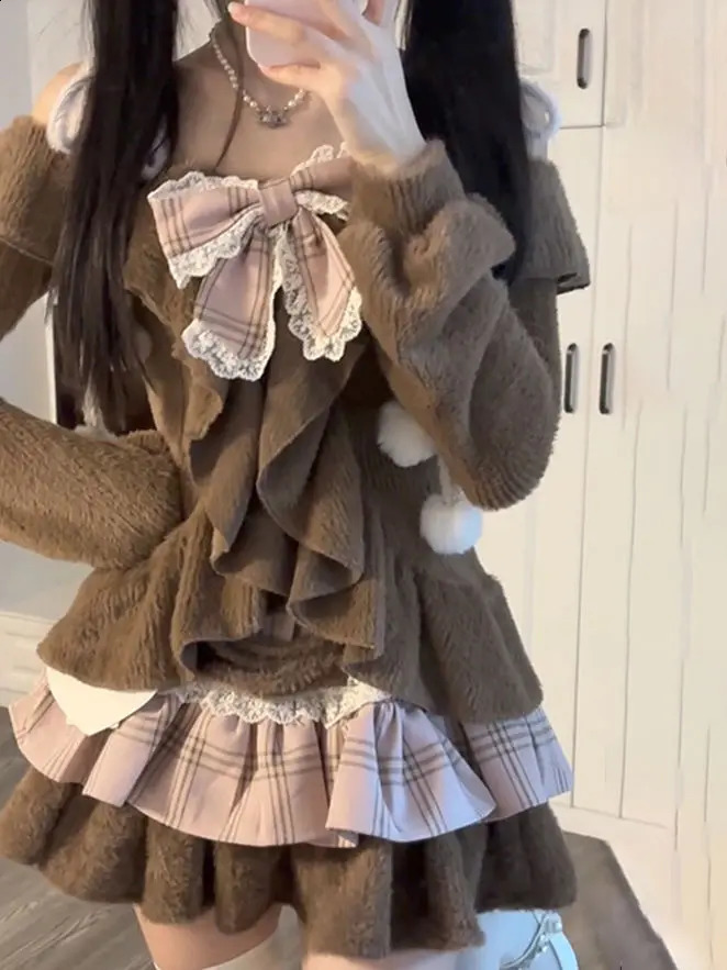 Spring Japanese Kawaii Vintage Suits Women Y2k Knitted Sweater Plaid Mini Skirts 2000s Retro 2 Piece Skirt Sets Chic Outfits 250827