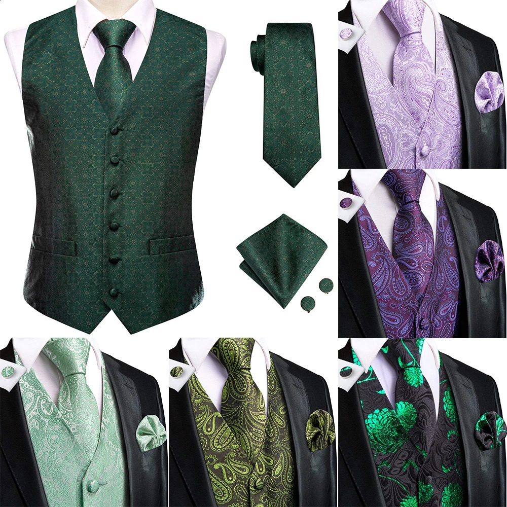 Dark Green Silk Men Vest Tie Elegant Solid Dress Sleeveless Jacket 4PC Hanky Cufflink Paisley Suit Waistcoat Wedding Gift HiTie250826