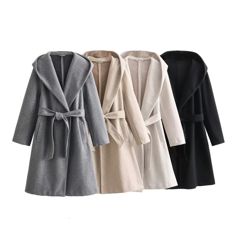 Spring Womens Elegant Solid Color Hooded MediumLength Long Sleeve Belt Woolen Jacket Overcoat European American Cross 250826