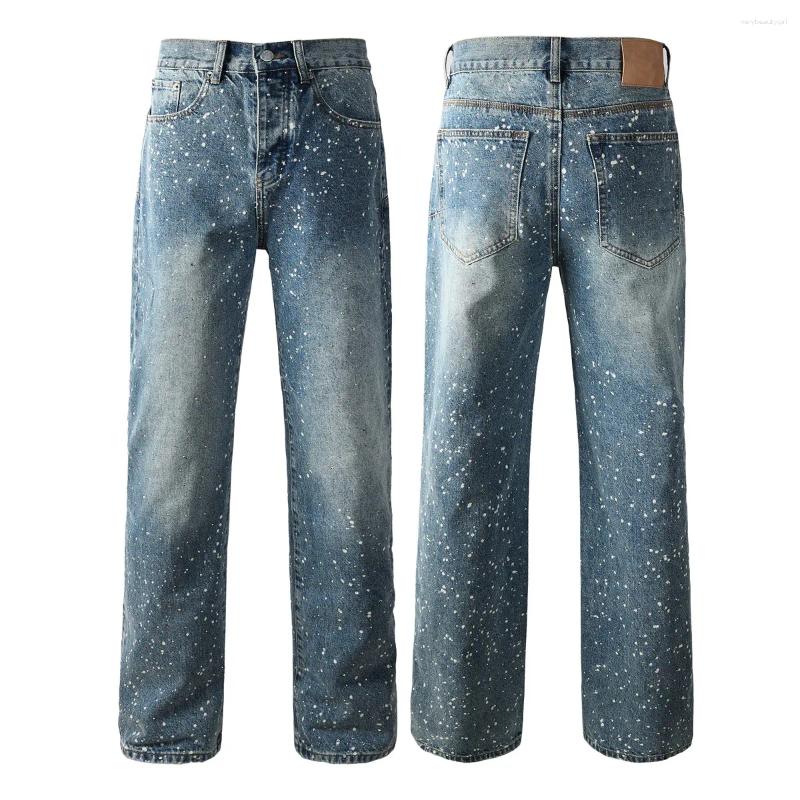 Men's Jeans Straight Leg Men Fashion High Street Wash Blue Graffiti Rhinestone Diamond Sequined Print Loose Casual Wide Pants