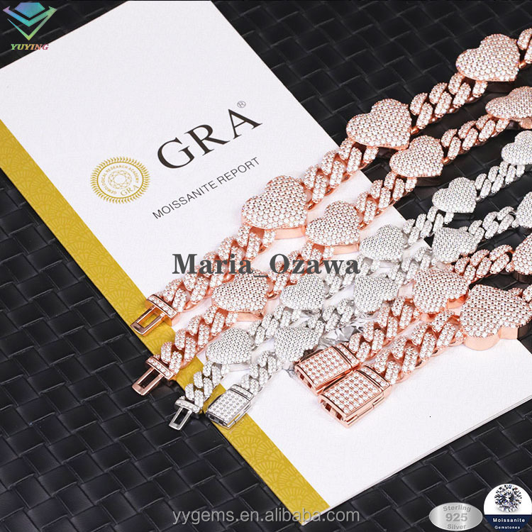 Hiphop Heart Chain Diamond Cuban Link GRA VVS Moissanite 925 Sterling Silver Gold Plate Fine Jewelry for Necklaces Bracelets