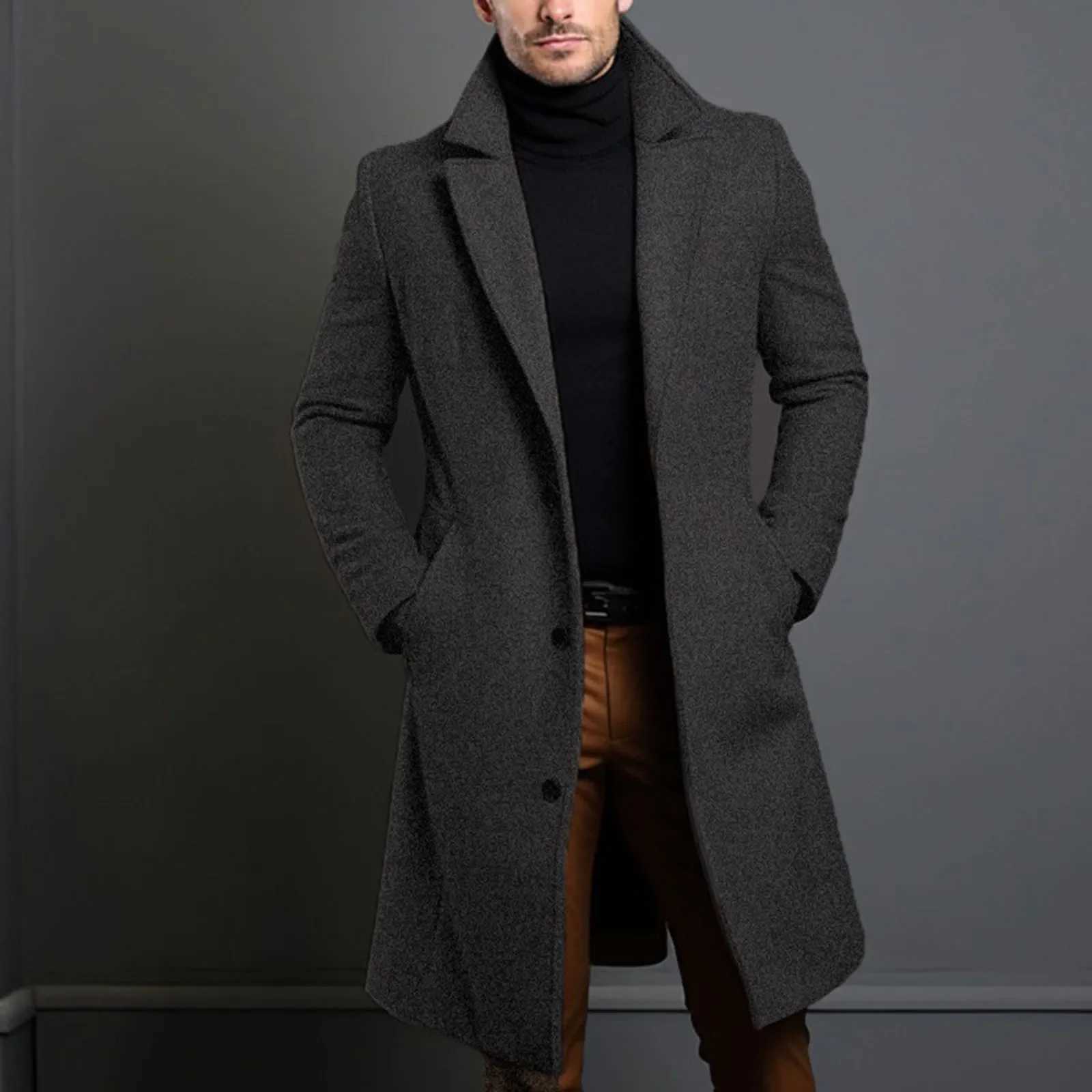 Warm and Comfortable Black Trench Coat for Men Long Sleeve Single Breasted Overcoat Perfect for Fall and WinterXJ250827