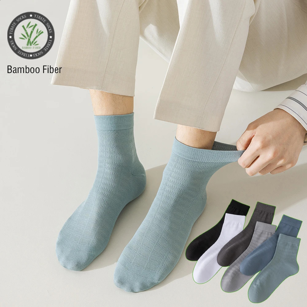 6 Pairs Men Summer Bamboo Fiber Socks Mesh Breathable Business Dress Fashion Solid Color Black White Anti Odor Moisture Wicking250827