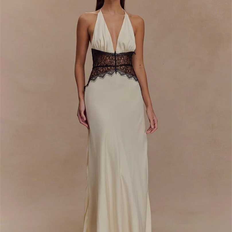 Mozision Summer Backless Sexy Maxi Dress Women Gown Patchwork Lace Halter Deep V Neck Sleeveless High Waist Elegant Long Dressww250826