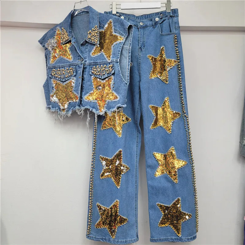 Chic Summer Graffiti Stars y Sequined Denim Waistcoat Beaded Jeans Vest High Waist Tank TopsStraight Trousers 2Pcs Set 250826