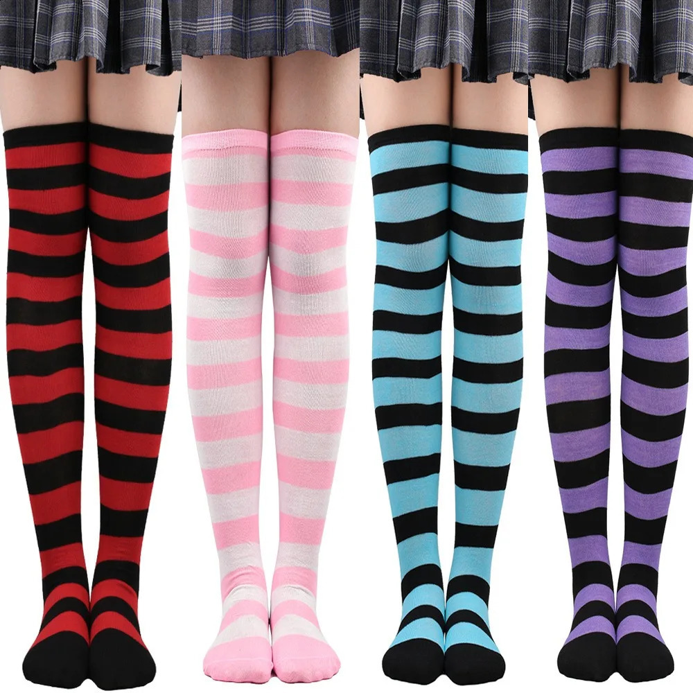 Color Striped Stockings Japanese Over Knee Socks Fashion Women Keep Warm Soks Sexy Slim Long Black White Hosiery 250827
