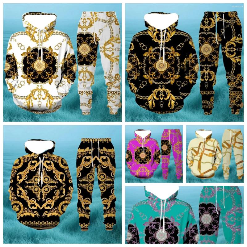 Men's Tracksuits Fashion Luxury Golden Pattern Men Hoodie Sets 3D Print Sweatshirt Hooded Oversize Sportswear Trousers Suit Clothing