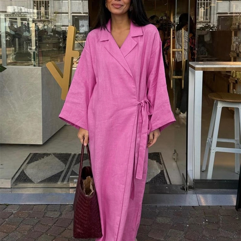 Clacive Casual Loose Pink Cotton Dress Ladies Fashion Lapel Long Sleeve Ankle Length Dress Elegant LaceUp Dresses For Women 250826