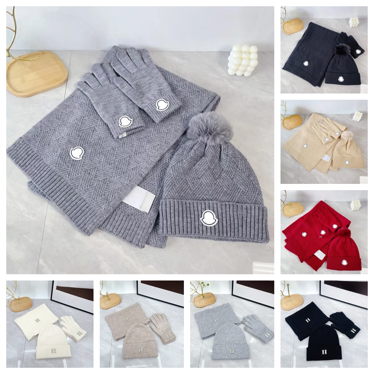 Luxury Designer Solid Color Knitted Wool Letter Print Autumn/Winter Warm Thick Fashion Hat Scarf Gloves Three-Piece Sets for Men and Women