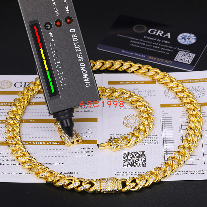 Moissanite Hip Hop Jewelry 12mm Gold Plated 925 Sterling Silver VVS Moissanite Diamond Iced Out Cuban Link Chain Necklace