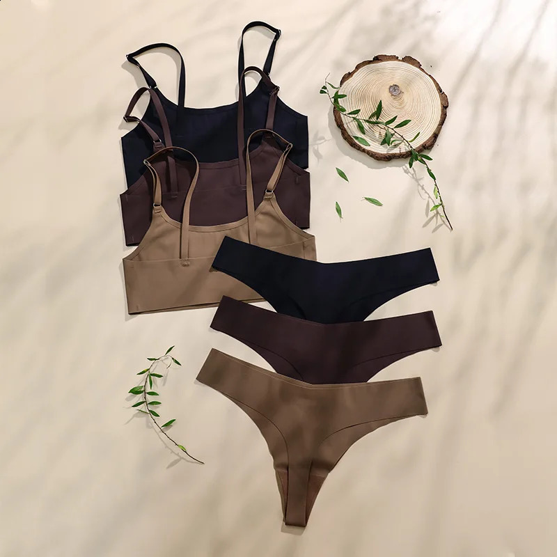 High Quality Latest Us Size Stylish Solid Ice Silk Seamless Wireless Bras And Women Underwear Set250826