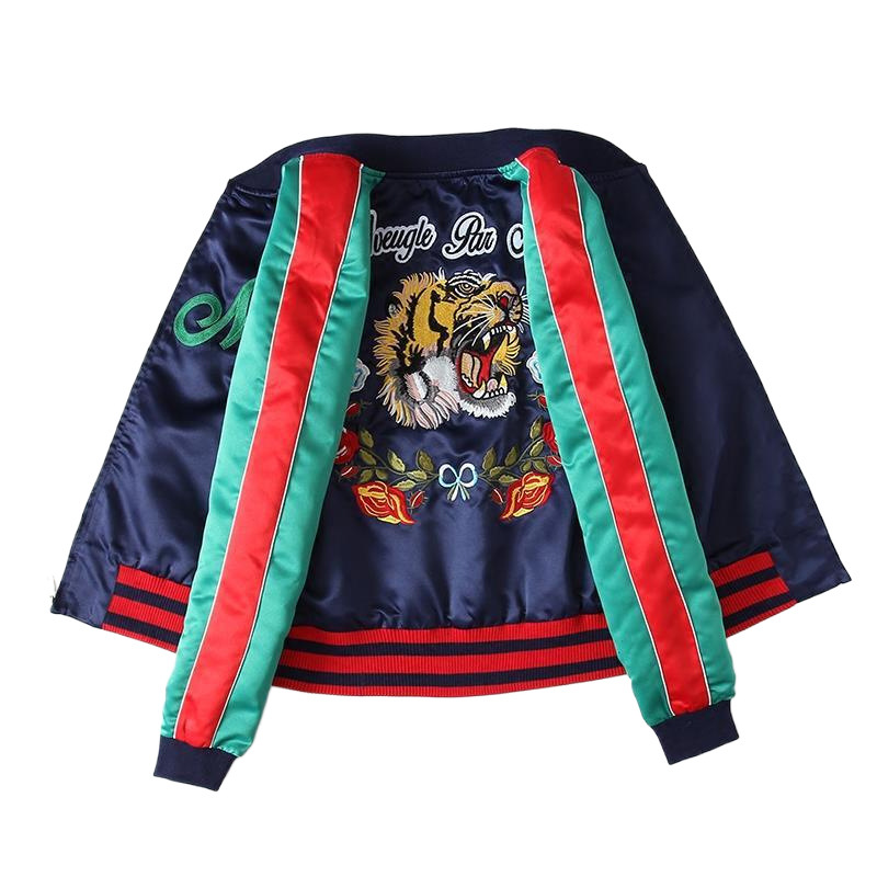 Popular Japanese Style Retro Tiger Embroidery Slim Jacket Hoodie Stand Collar Trendy Men Women Vintage Baseball Stripe Bomber Hoodies Jackets Zip Up