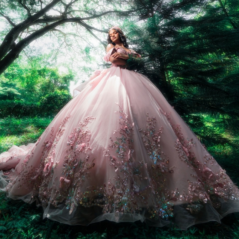 Pink Shiny Princess Off the Shoulder Sweet 16 Dress Quinceanera Dresses Sequin Applique Flower Beads Tull Party Birthday Vestidos De 15 Anos