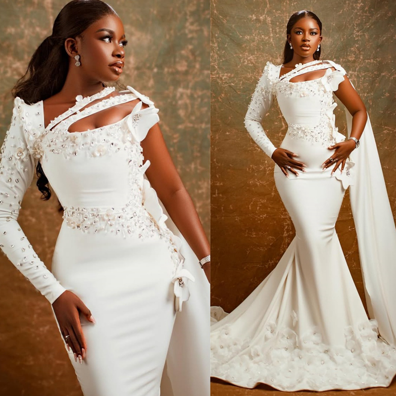 Aso Ebi Off White Prom Dress 2025 Mermaid Formal Gowns Illusion Square Neck Long Sleeves Robe De Soiree Flora Crystals Birthday Dress Second Recepti