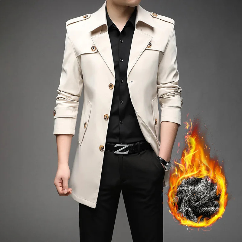 Autumn Winter Men Classic Plush Trench Men Windbreaker Coat Solid Business Casual Long Jacket Men Clothes Outerwear Coats 250827