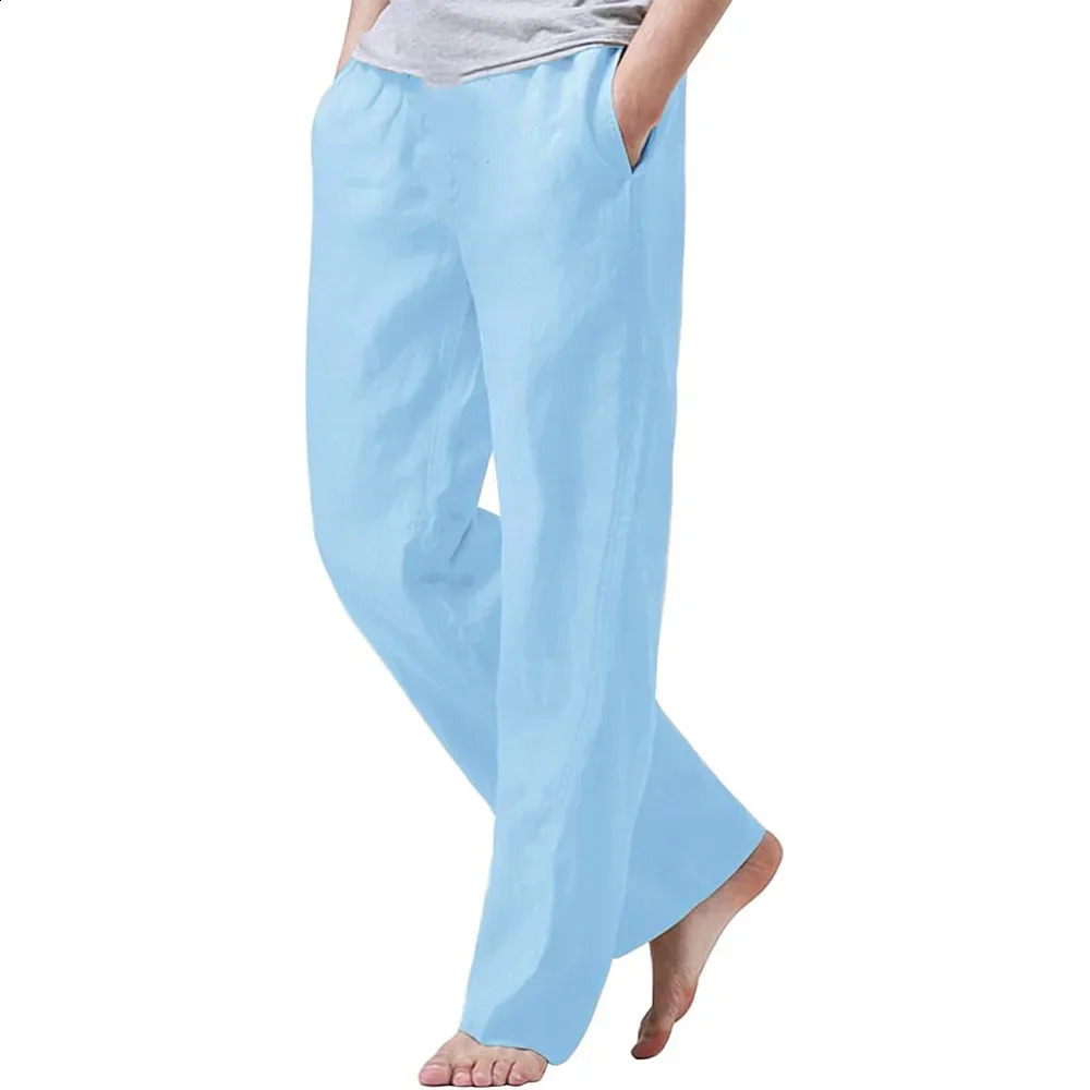 2025 Mens Cotton Linen Pants Summer Solid Color Breathable Linen Trousers Male Casual Elastic Waist Fitness Pants250826