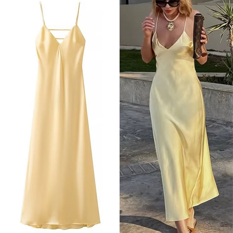 TRAFZA Women Summer Yellow Stain V Neck Sling Dress Elegant Sleeveless Loose Maxi Robes 2025 Ladies Party Holiday Dressesww250826