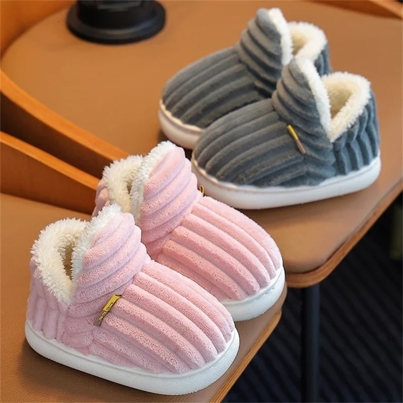 Winter Concise Stripe Plush Slippers Childrens Nonslip Soft Sole Kids Boys Girls Heel Wrap Warm High Home Cotton Shoes250826ww