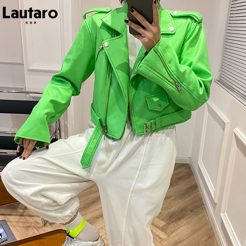 LautaroShort Green Gecko Biker Leather Jacket for Women Long Sleeve Zipper Belt Colored Stylish Outerwear Y2K Fashion 250826