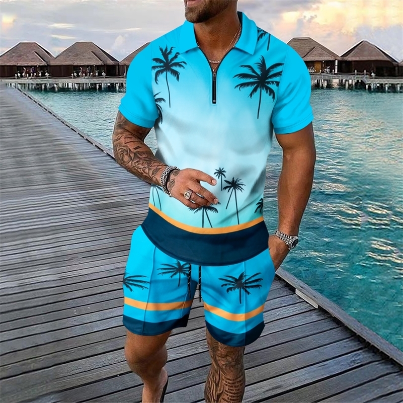 Fashion 3D Coconut Tree Print Mens Sets Short Sleeve Polo Shirts Shorts 2 Piece Outfit Summer Casual Zip Polo Tees Street Suit 250826