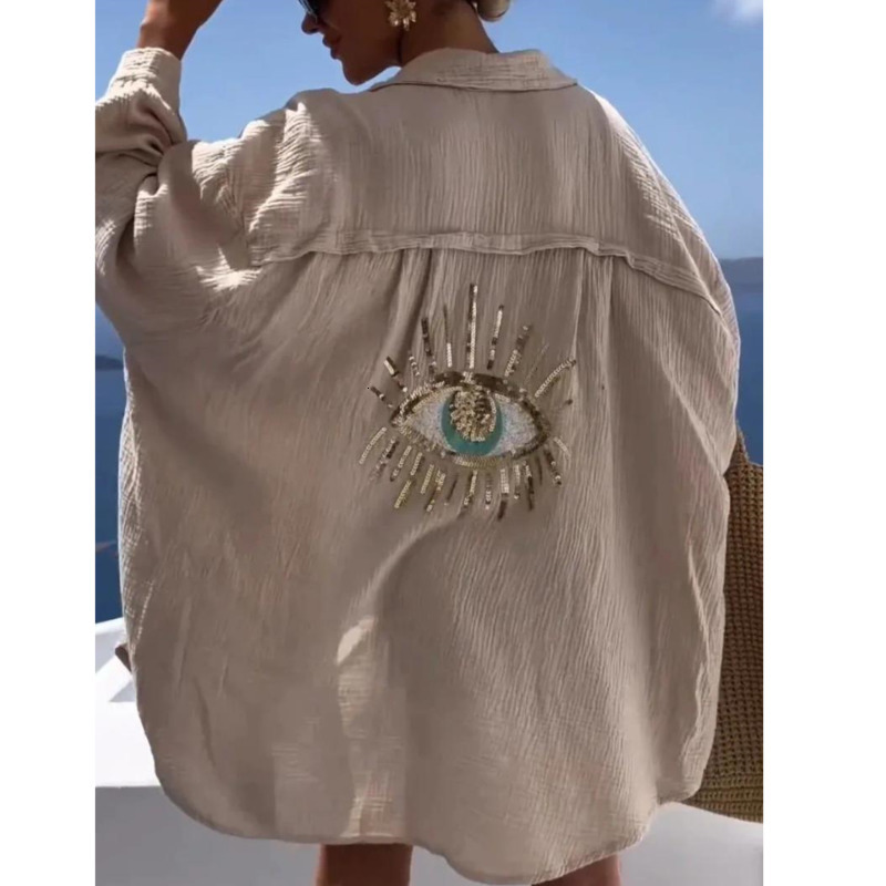 Casual Shirts Fall Sequin Eye Shirt Dress Womens Fashiona Beach Dresses Loose Button Sun Protection Cotton Linen Dress Plus Size 3xl 4xl 5xl